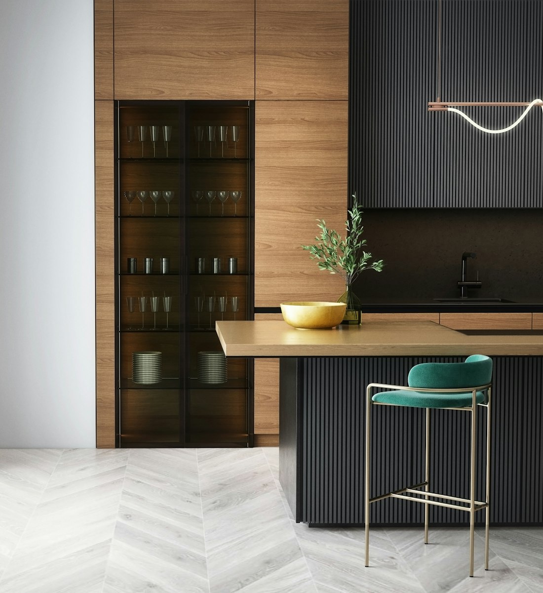 A made-to-measure kitchen with warm walnut cabinetry, a fluted island and herringbone floor